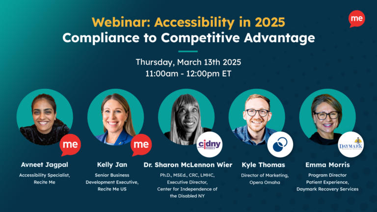 Text reads 'Webinar: Accessibility in 2025 Compliance to Competitive Advantage Thursday, March 13th , 2025 11:00am - 12:00pm EST with 5 headshot images of the panelists