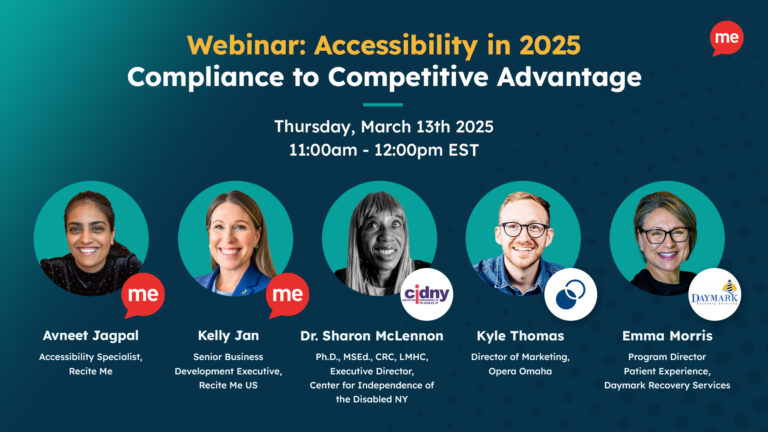 Text reads 'Webinar: Accessibility in 2025 Compliance to Competitive Advantage Thursday, March 13th , 2025 11:00am - 12:00pm EST with 5 headshot images of the panelists