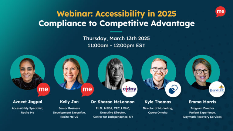 Text reads 'Webinar: Accessibility in 2025 Compliance to Competitive Advantage Thursday, March 13th , 2025 11:00am - 12:00pm EST with 5 headshot images of the panelists