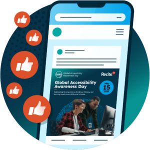 Image of a phone with screenshot of a social media post image for Global Accessibility Awareness Day (GAAD). There are some icons of 'thumb-ups'