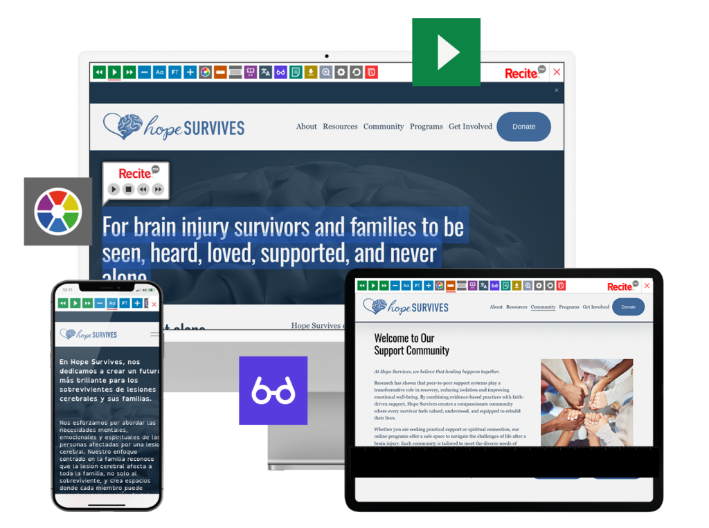Desktop, tablet, and mobile phone with screenshots of the Hope Survives website
