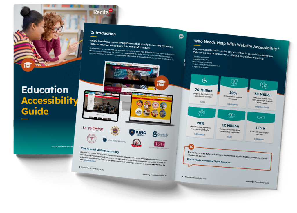 Preview image of the Recite Me Education Guide flipped to the cover, pg 2, and pg 3