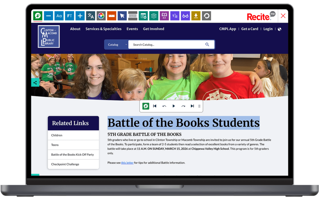 Laptop with screenshot of the Macomb Public Library website using the Recite Me toolbar