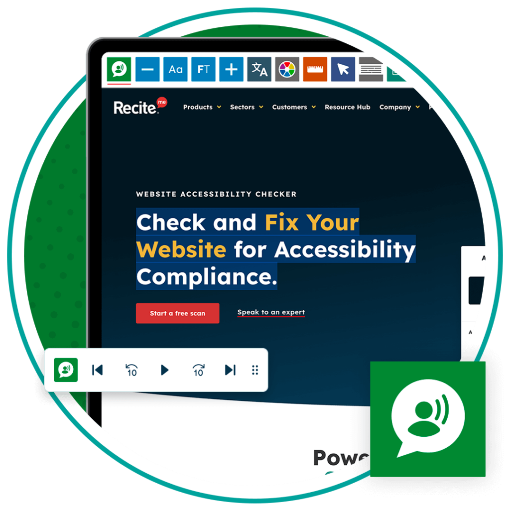 Image of a desktop with a screenshot of the Recite Me website with the new text to speech feature as a header