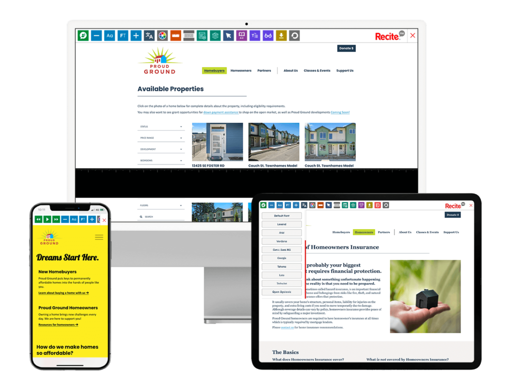 Desktop, tablet, and mobile phone with screenshot of the Proud Ground website
