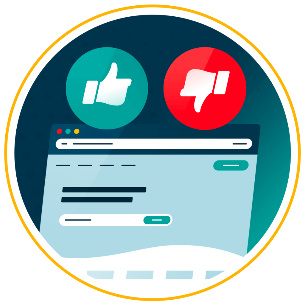 Image of a thumbs up with a green background and a red thumbs down to the right. Underneath, there is an illustration of a desktop and there is a dark blue background