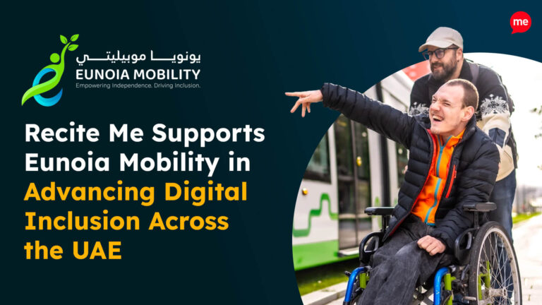 Text reads 'Recite Me Supports Eunoia Mobility in Advancing Digital Inclusion Across the UAE' with an image of a man in a wheelchair and a man pushing the wheelchair