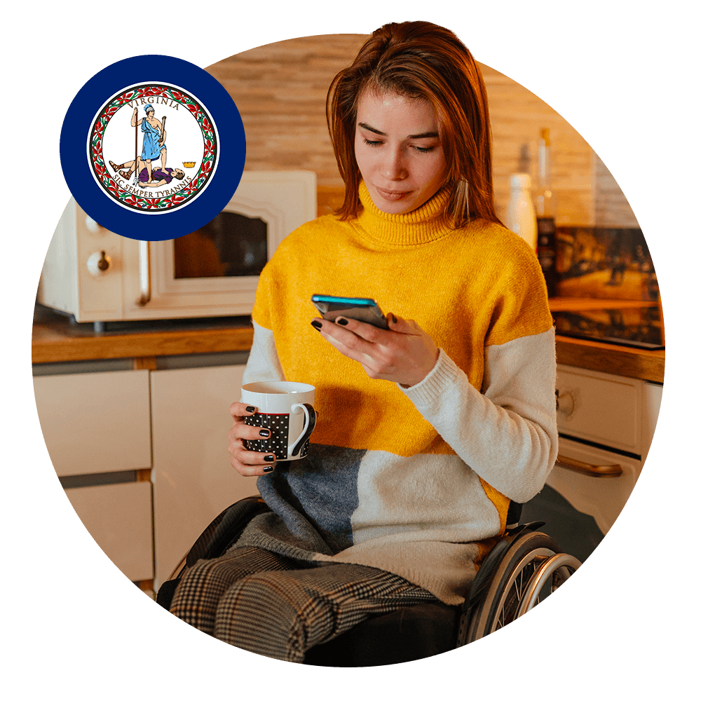 Image of a young woman sitting down and looking on her phone. In the top left hand corner, there is a Virginia seal