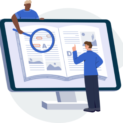 GAAD blog Reading Icons of laptop screen with book open and two icons of men looking at the laptop with a magnifying glass
