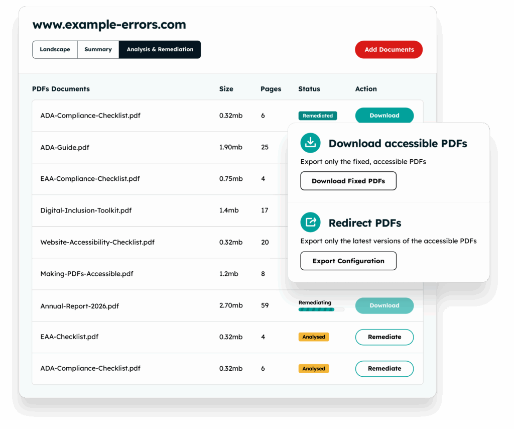 Example of the PDF Remediation Downloads and Export Options