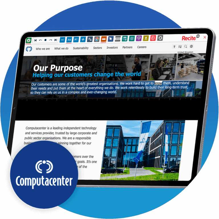 Mock-up of the Recite Me Toolbar being used on the Computacenter website.