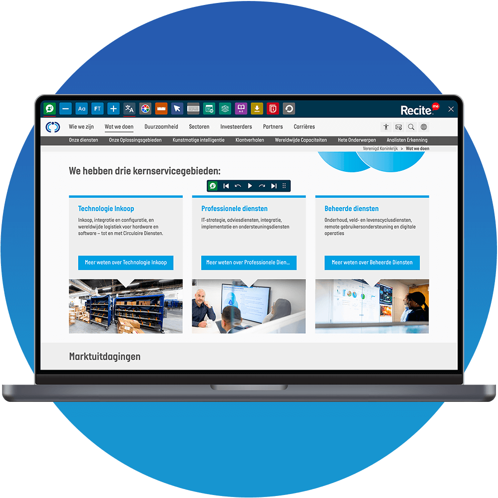 Mock-up of the Recite Me Toolbar being used on the Computacentre website.