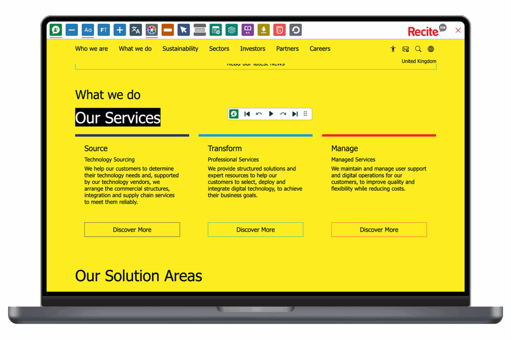 Mock-up of the Recite Me Toolbar being used on the Computacenter website.