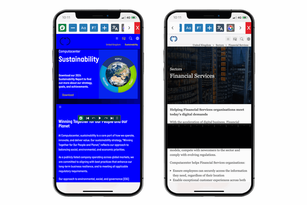 Mock-up of the Recite Me Toolbar being used on the Computacenter website.