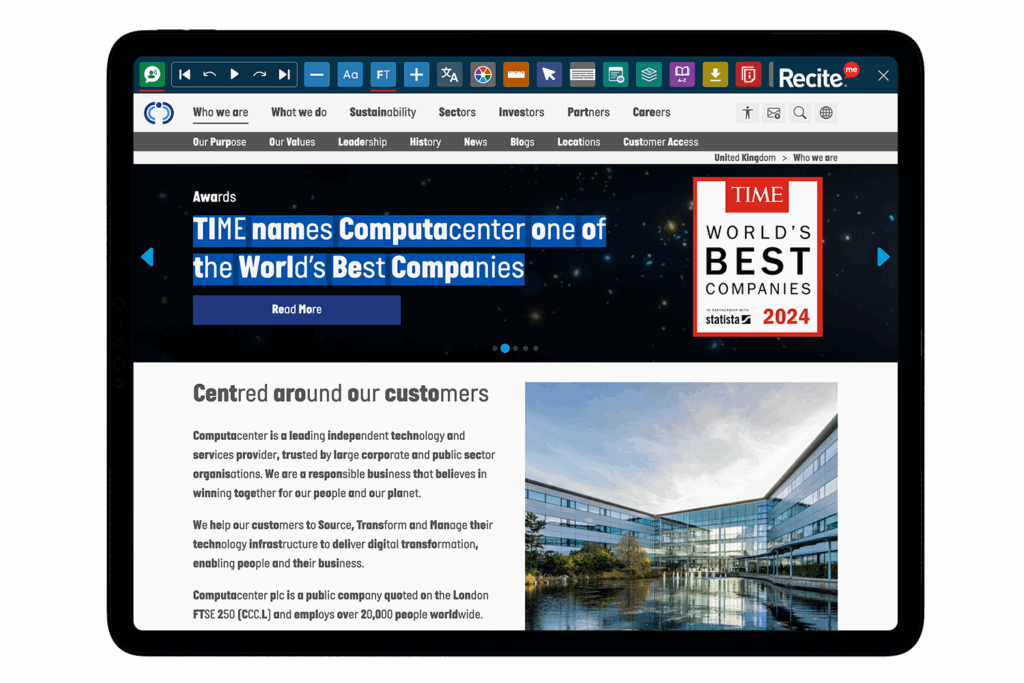 Mock-up of the Recite Me Toolbar being used on the Computacenter website.