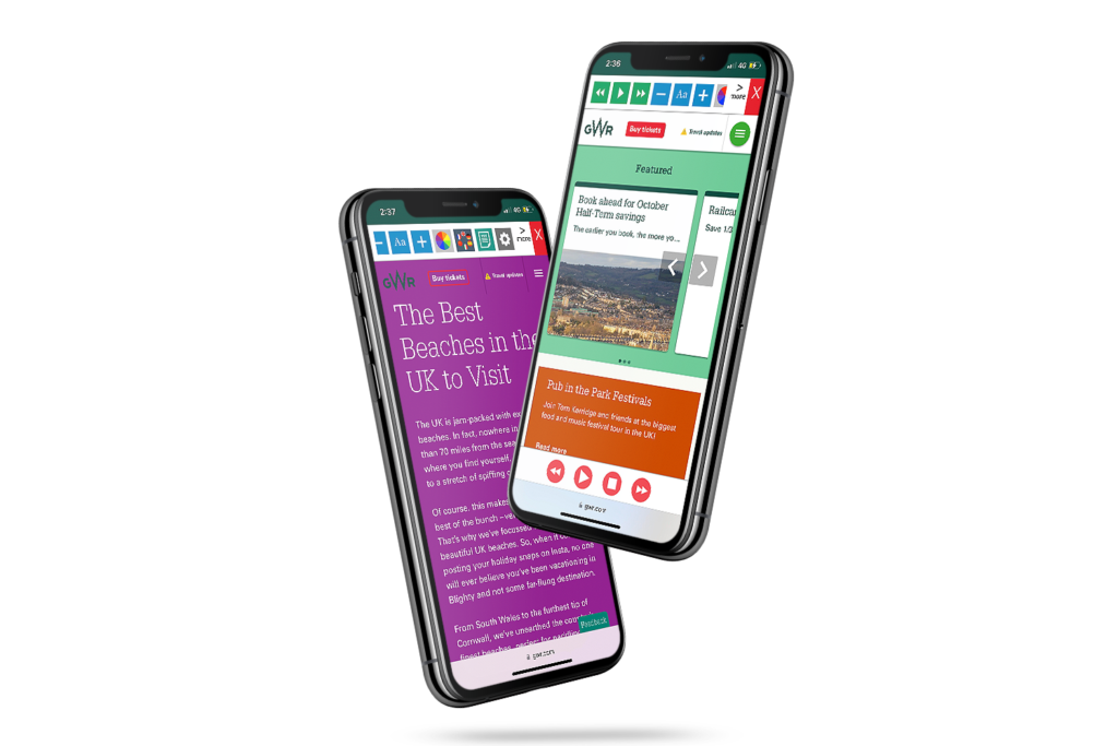 Mobiles with great western railway website using the Recite Me assistive toolbar