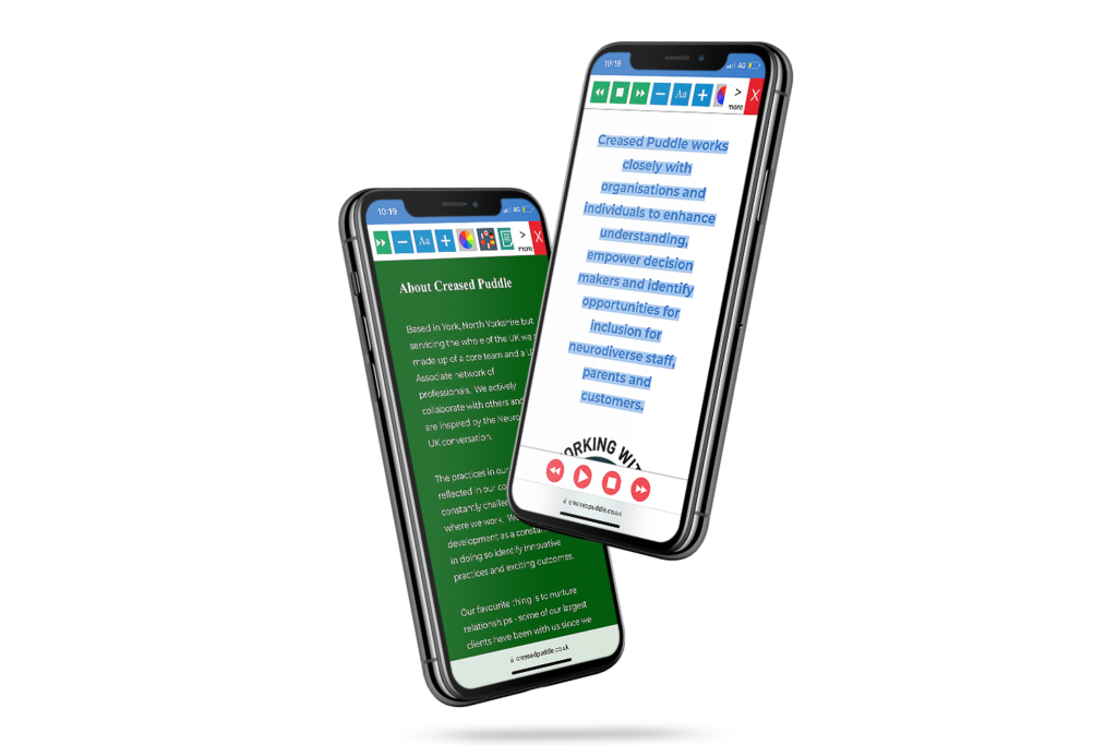 Mobiles with Creased Puddle website using the Recite Me assistive toolbar