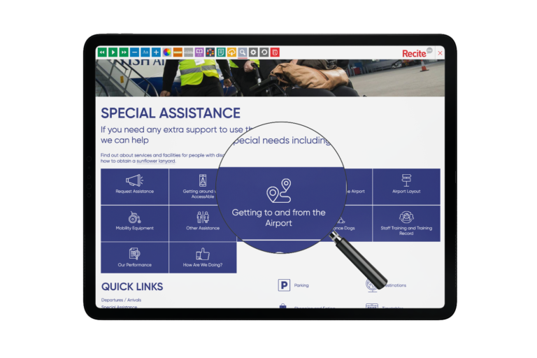 Tablet with London City Airport website using the Recite Me assistive toolbar
