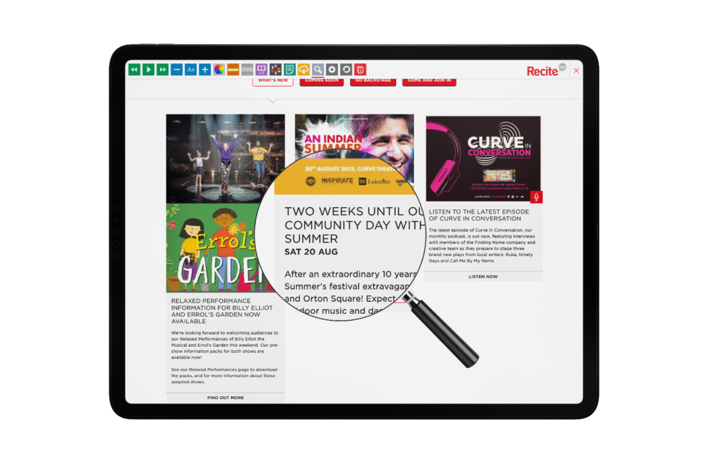 Tablet with Curve Theatre website using the Recite Me assistive toolbar