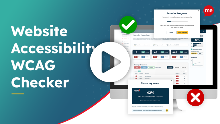 A video thumbnail that reads "Website Accessibility WCAG Checker". it is accompanied with a computer which is running a live accessibility check.