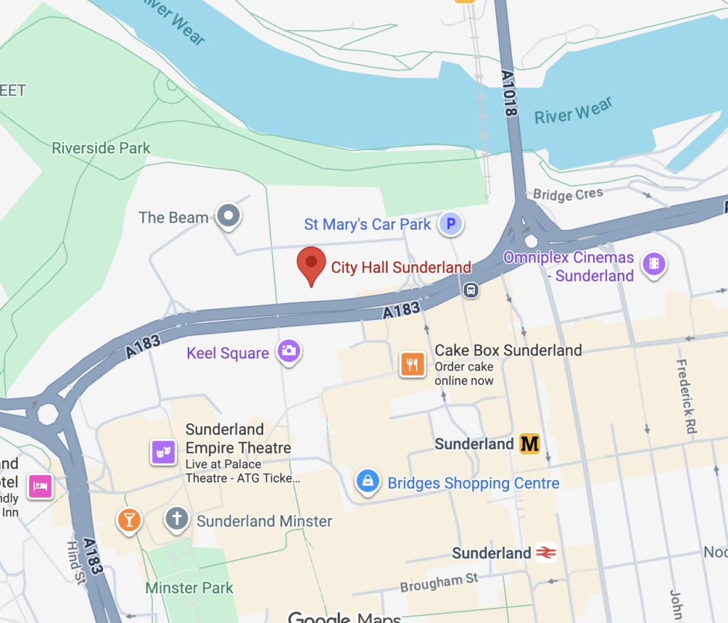 Screenshot of Google maps showing where The City Hall is in Sunderland