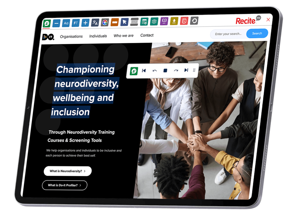 Mock-up of the Recite Me Toolbar being used on the Do-It Profiler website.