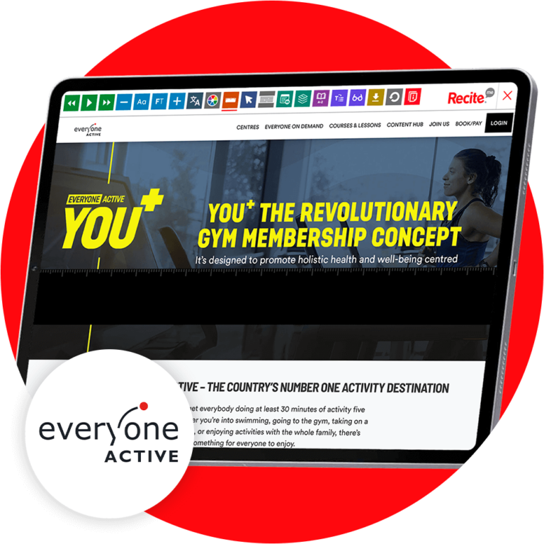 Mock-up of the Recite Me Toolbar being used on the Everyone Active website.