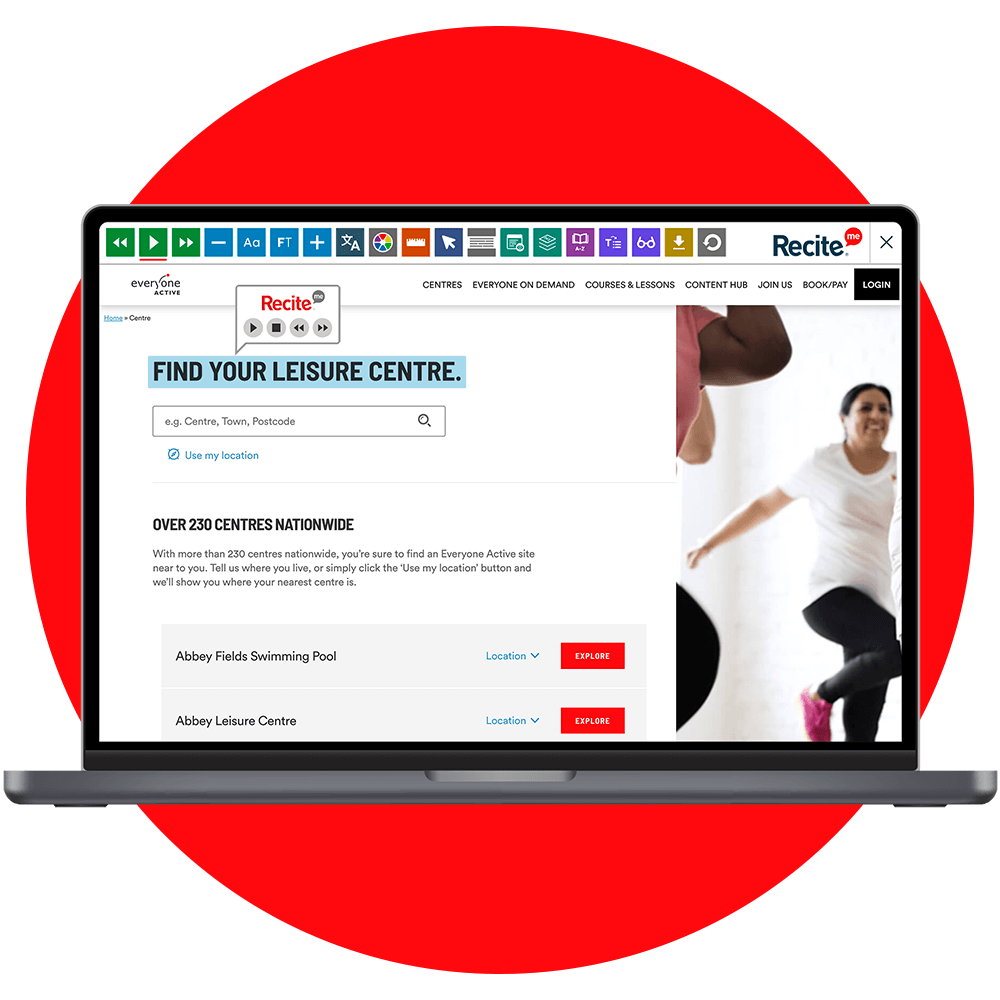 Mock-up of the Recite Me Toolbar being used on the Everyone Active website.