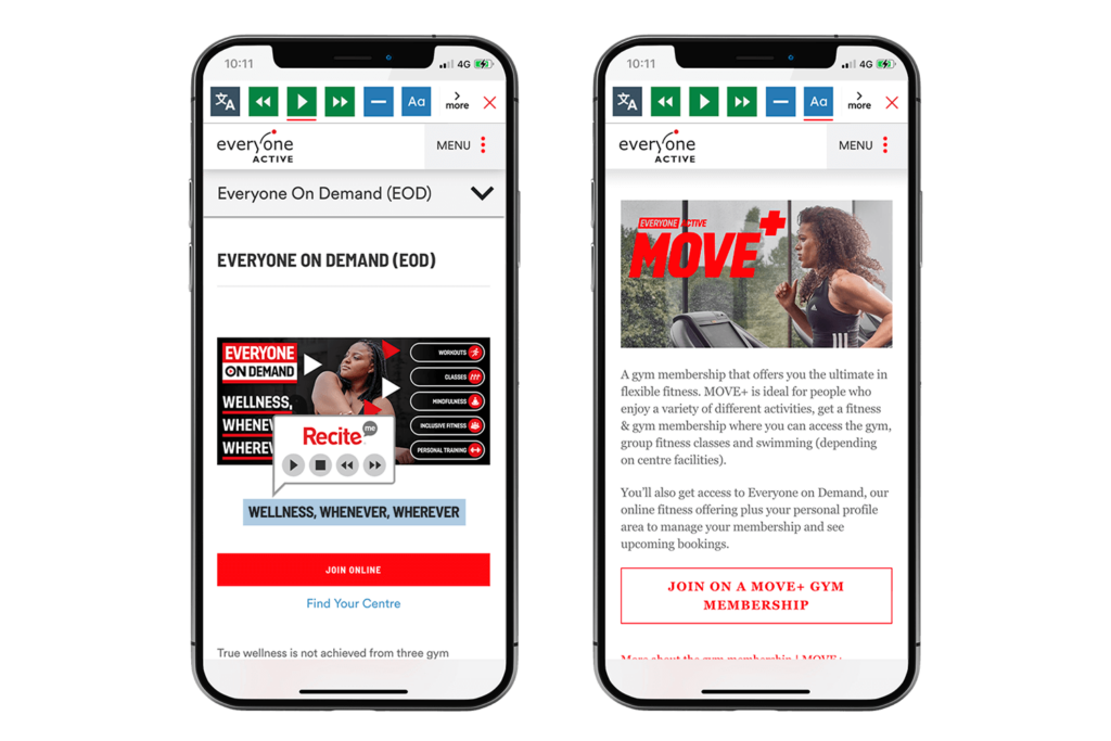 Mock-up of the Recite Me Toolbar being used on the Everyone Active website.