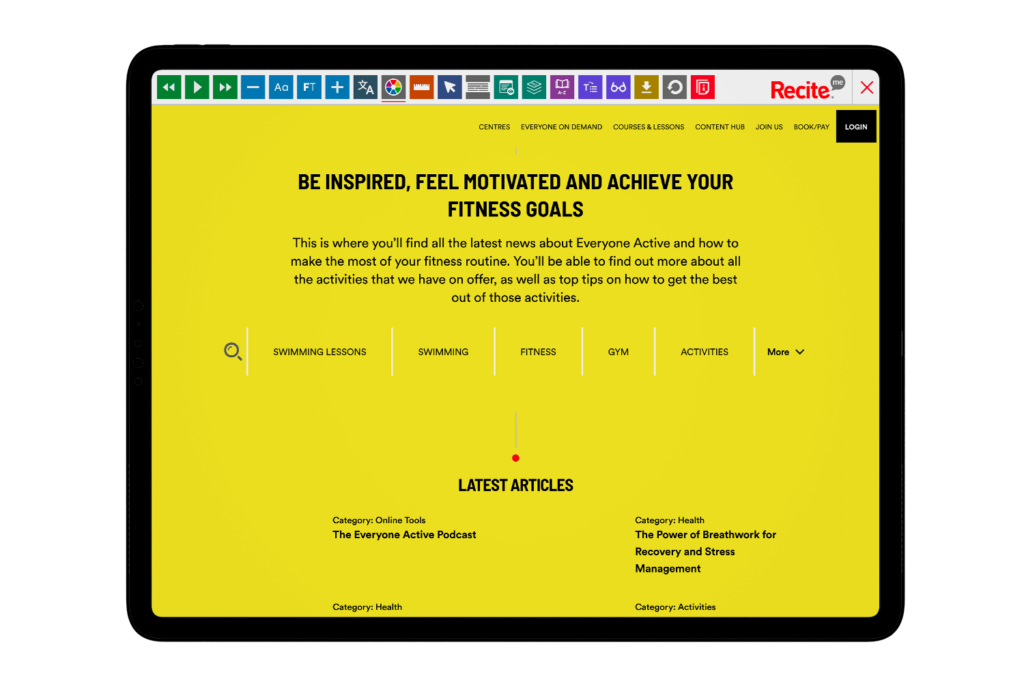Mock-up of the Recite Me Toolbar being used on the Everyone Active website.