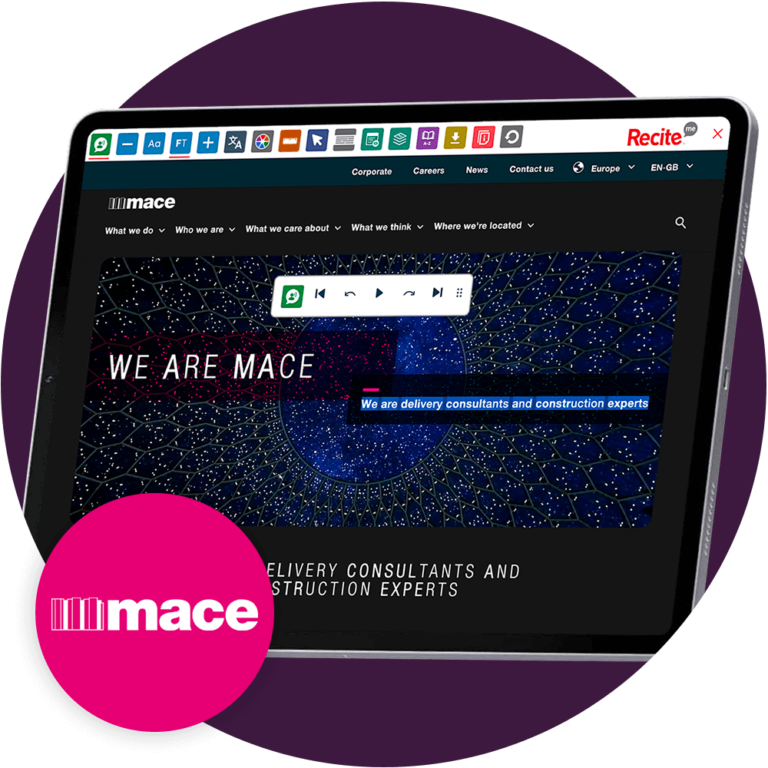 Mock-up of the Recite Me Toolbar being used on the Mace website.