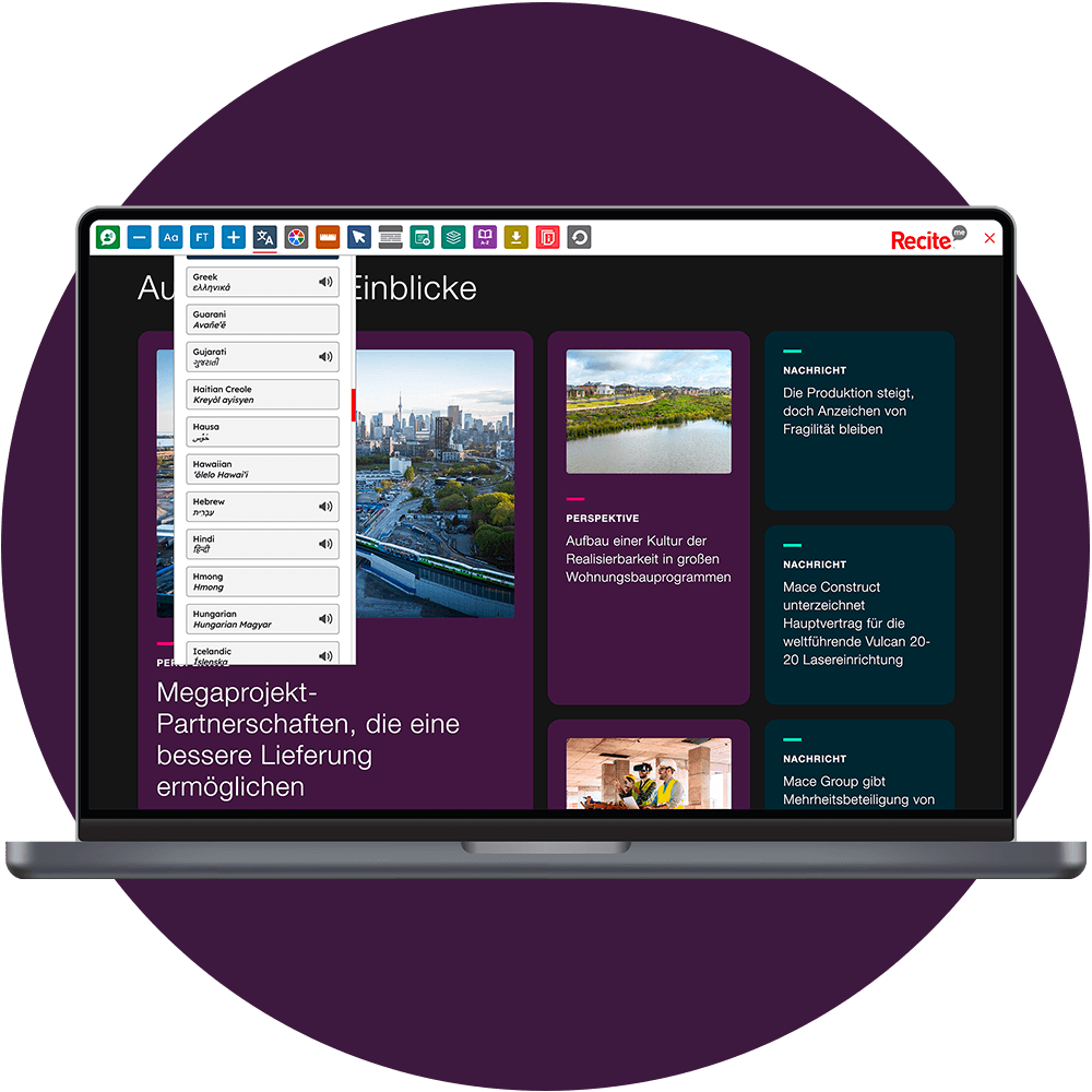 Mock-up of the Recite Me toolbar being used on the Mace website.