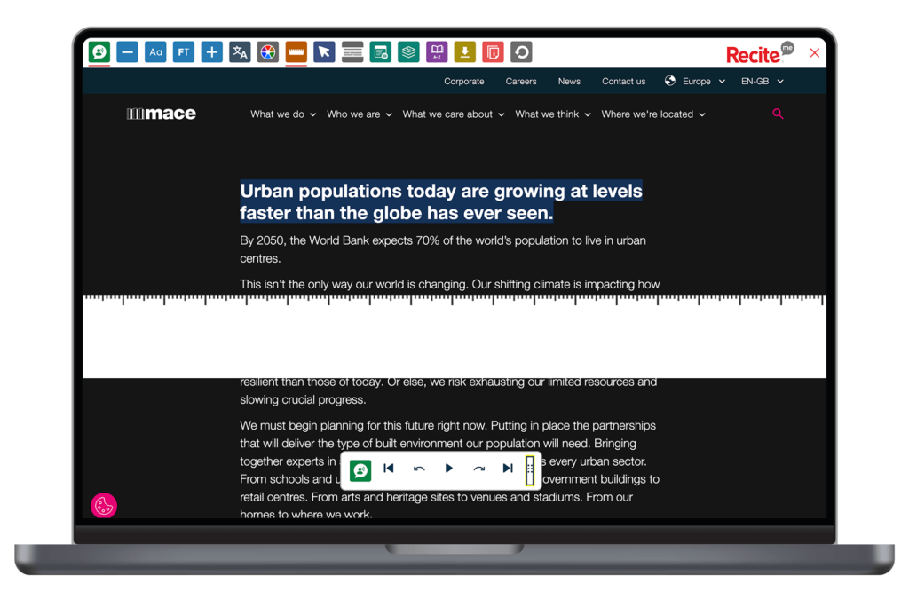 Mock-up of the Recite Me Toolbar being used on the Mace website.