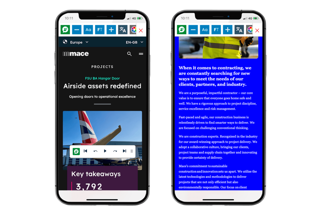 Mock-up of the Recite Me Toolbar being used on the Mace website.