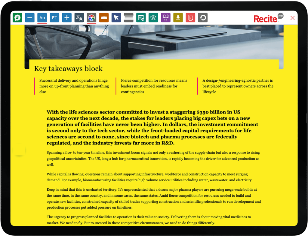 Mock-up of the Recite Me Toolbar being used on the Mace website.
