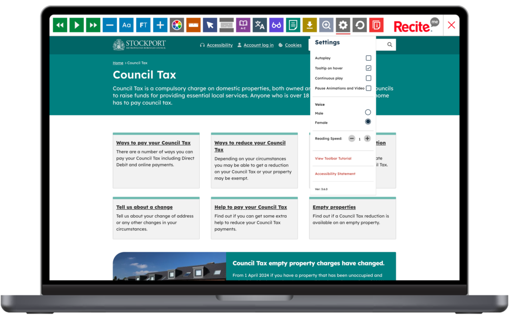 Mock-up of the Recite Me toolbar being used on the Stockport Council website.