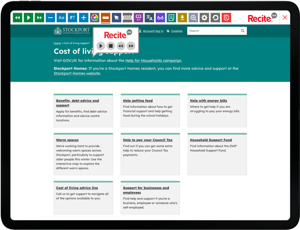 Mock-up of the Recite Me toolbar being used on the Stockport Council website