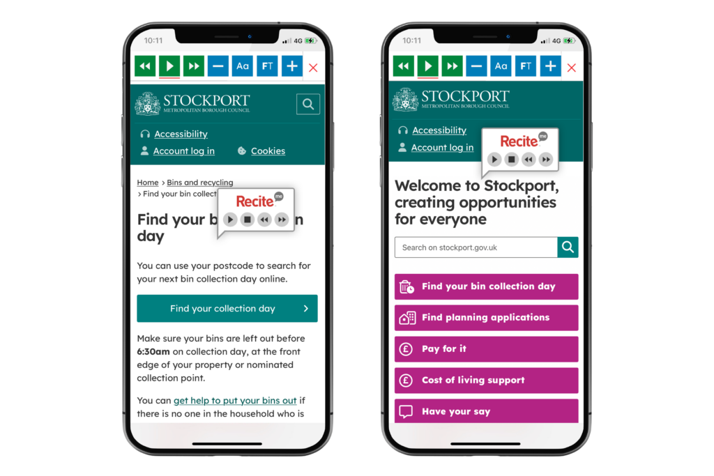 Mock-up of the Recite Me toolbar being used on the Stockport Council website.