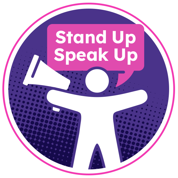This years logo which is an illustration of a person holding a megaphone saying stand up speak up