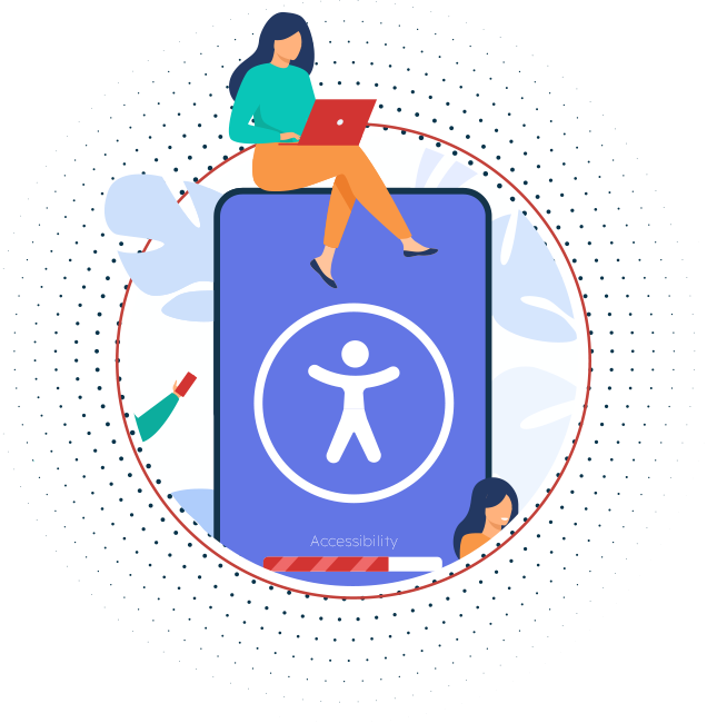 Illustration of woman on laptop and phone with accessibility icon
