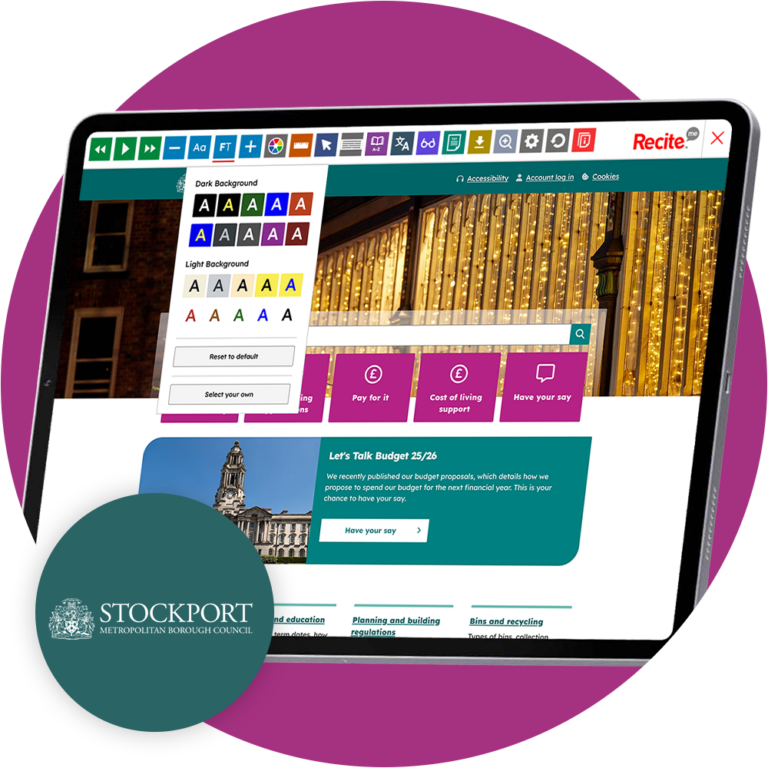 Mock-up of the Recite Me toolbar being used on the Stockport Council website.