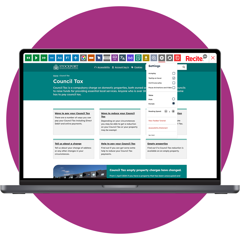 Mock-up of the Recite Me toolbar being used on the Stockport Council website