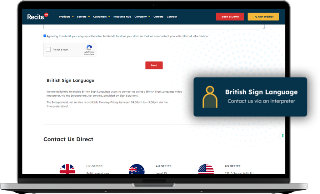 Laptop, with the Recite Me contact us page open and a close up of the BSL interpreter button