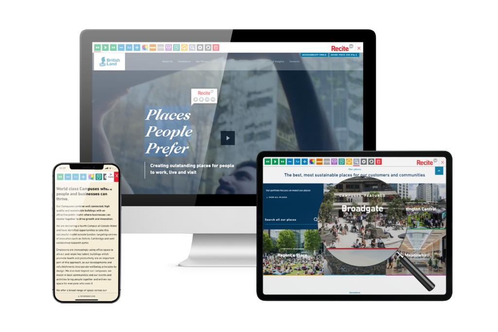 Desktop, mobile and tablet with British Land website using the Recite Me assistive toolbar