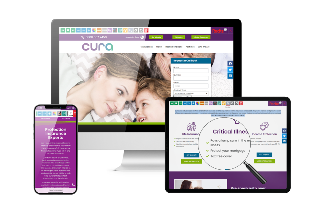 Desktop, mobile and tablet with Cura website using the Recite Me assistive toolbar