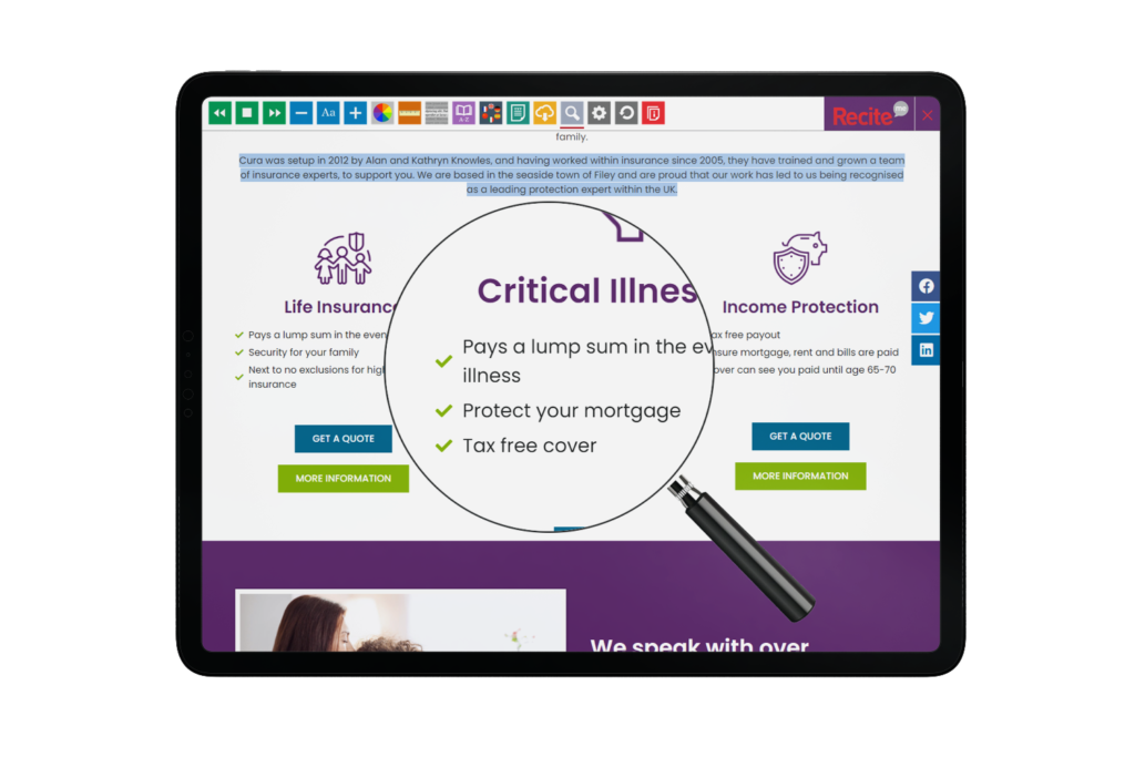 Tablet with Cura website using the Recite Me assistive toolbar