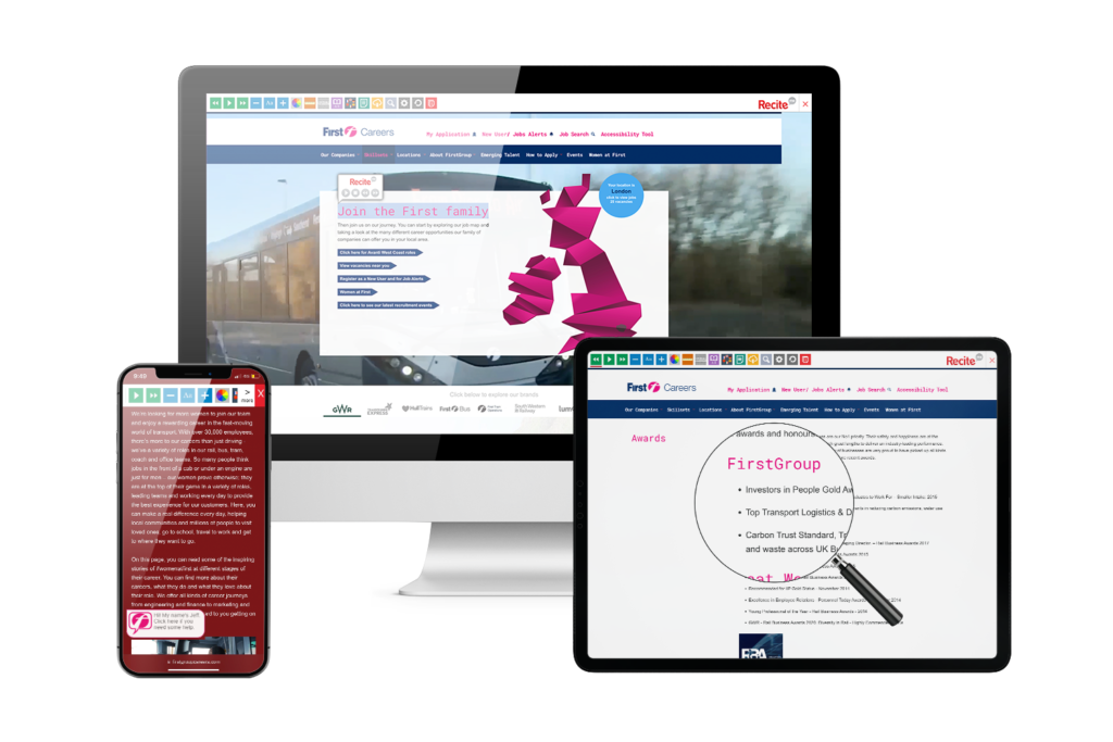 Desktop, mobile and tablet with First Rail website using the Recite Me assistive toolbar
