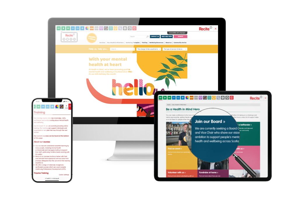 Desktop, mobile and tablet with Health In Mind website using the Recite Me assistive toolbar