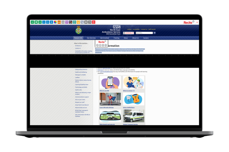 Laptop with North East Ambulance website using the Recite Me assistive toolbar