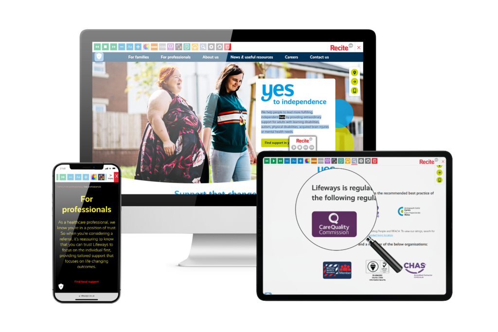 Desktop, mobile and tablet with Lifeways Logo website using the Recite Me assistive toolbar